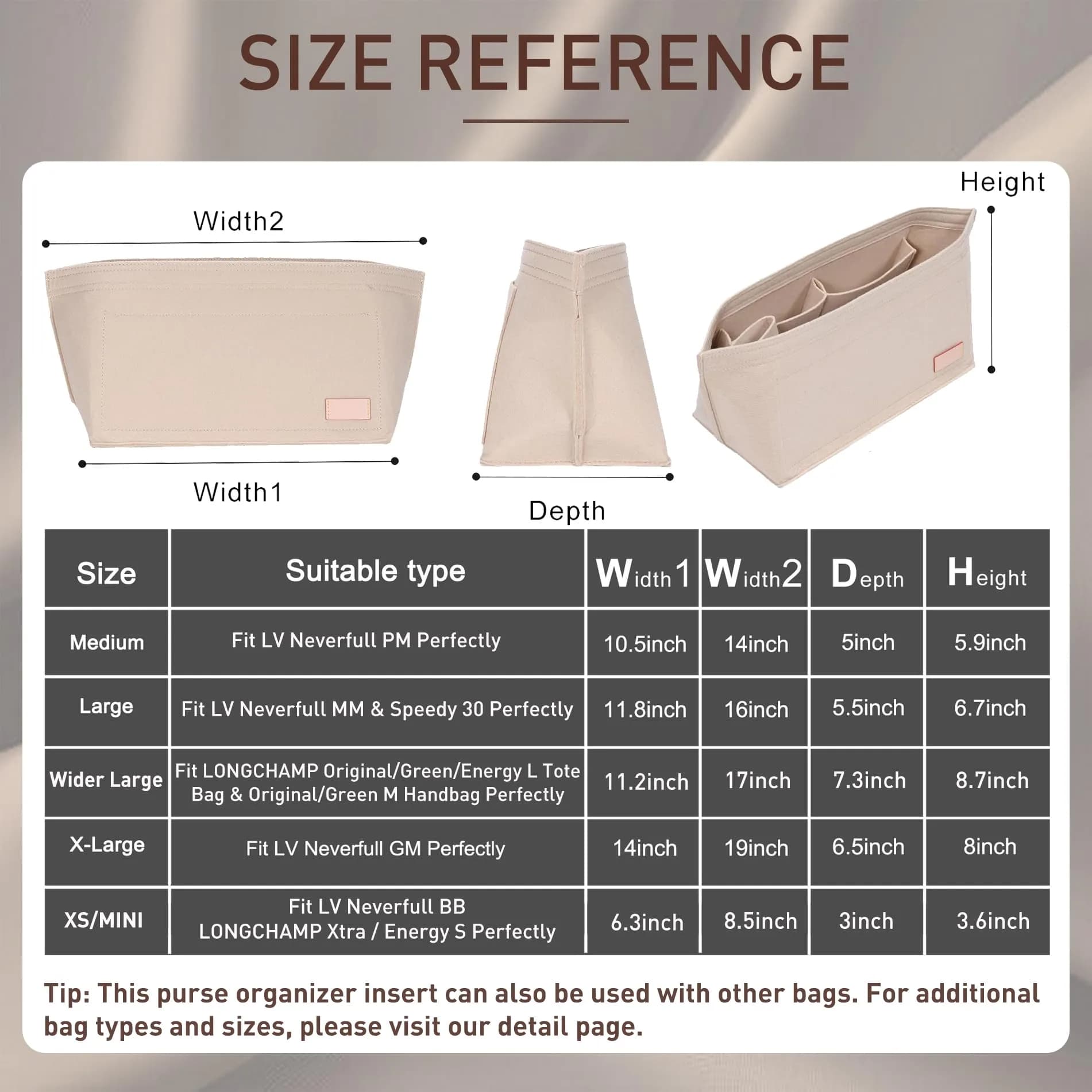 Doxo Purse Organizer Insert & Base Shaper 2pc Set Large Beige | Keeps Handbags Neat & Shaped - view 2