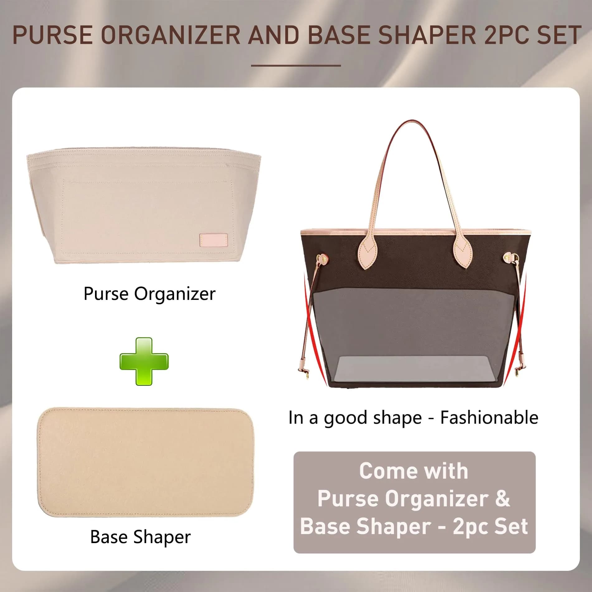 Doxo Purse Organizer Insert & Base Shaper 2pc Set Large Beige | Keeps Handbags Neat & Shaped - view 3