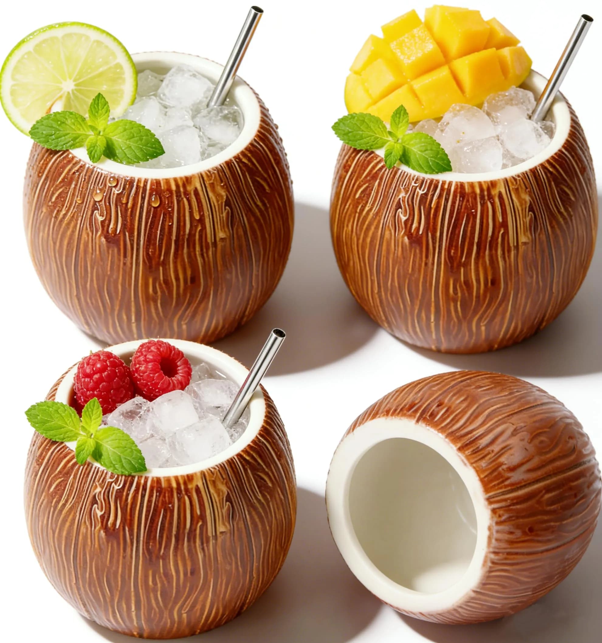 LINALL 4 Pack 17 oz Ceramic Tiki Mugs | Hawaiian Coconut Cocktail Glasses for Mai Tai & Pina Colada