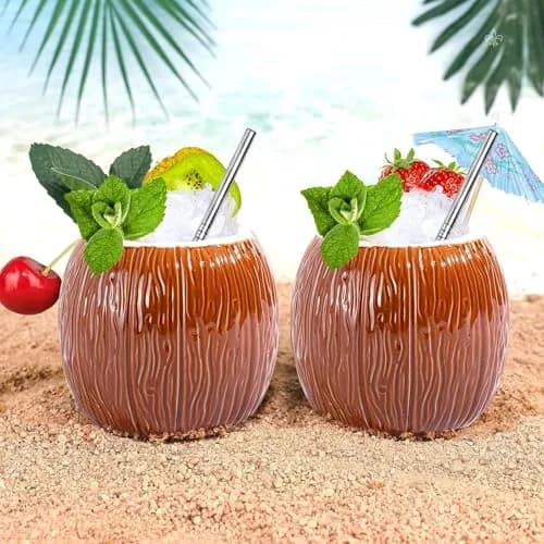 LINALL 4 Pack 17 oz Ceramic Tiki Mugs | Hawaiian Coconut Cocktail Glasses for Mai Tai & Pina Colada thumbnail 4