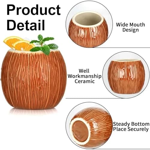 LINALL 4 Pack 17 oz Ceramic Tiki Mugs | Hawaiian Coconut Cocktail Glasses for Mai Tai & Pina Colada thumbnail 5