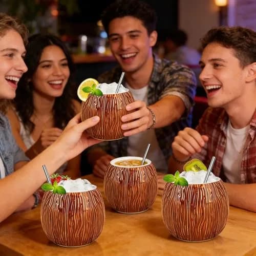 LINALL 4 Pack 17 oz Ceramic Tiki Mugs | Hawaiian Coconut Cocktail Glasses for Mai Tai & Pina Colada thumbnail 6