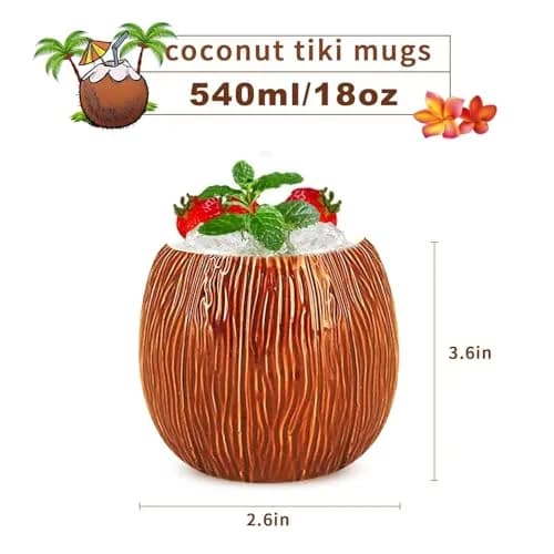 LINALL 4 Pack 17 oz Ceramic Tiki Mugs | Hawaiian Coconut Cocktail Glasses for Mai Tai & Pina Colada thumbnail 2