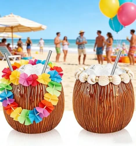 LINALL 4 Pack 17 oz Ceramic Tiki Mugs | Hawaiian Coconut Cocktail Glasses for Mai Tai & Pina Colada thumbnail 3
