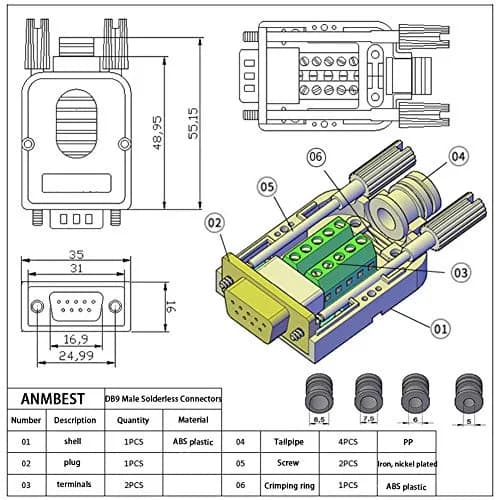 ANMBEST Solderless DB9 Serial to 9-Pin Female Adapter (2-Pack) | Screw Lock Housing Connector thumbnail 7
