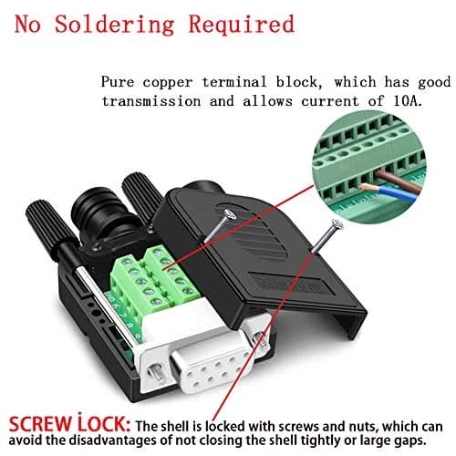 ANMBEST Solderless DB9 Serial to 9-Pin Female Adapter (2-Pack) | Screw Lock Housing Connector thumbnail 3