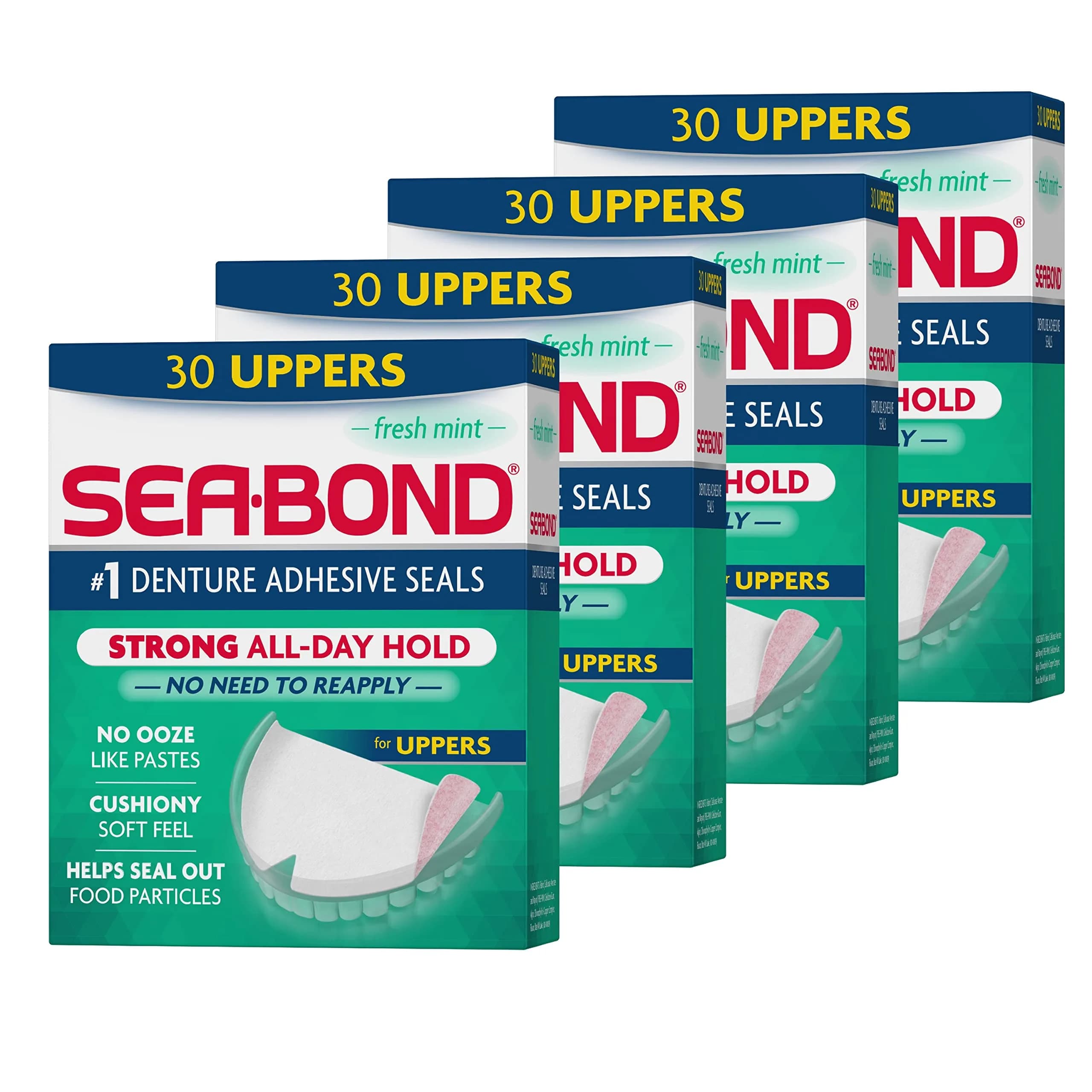 Sea-Bond Fresh Mint Denture Adhesive Seals for Uppers, 120 Count (4 x 30 Count Packs) | Zinc-Free, Ooze-Free Hold - main product image