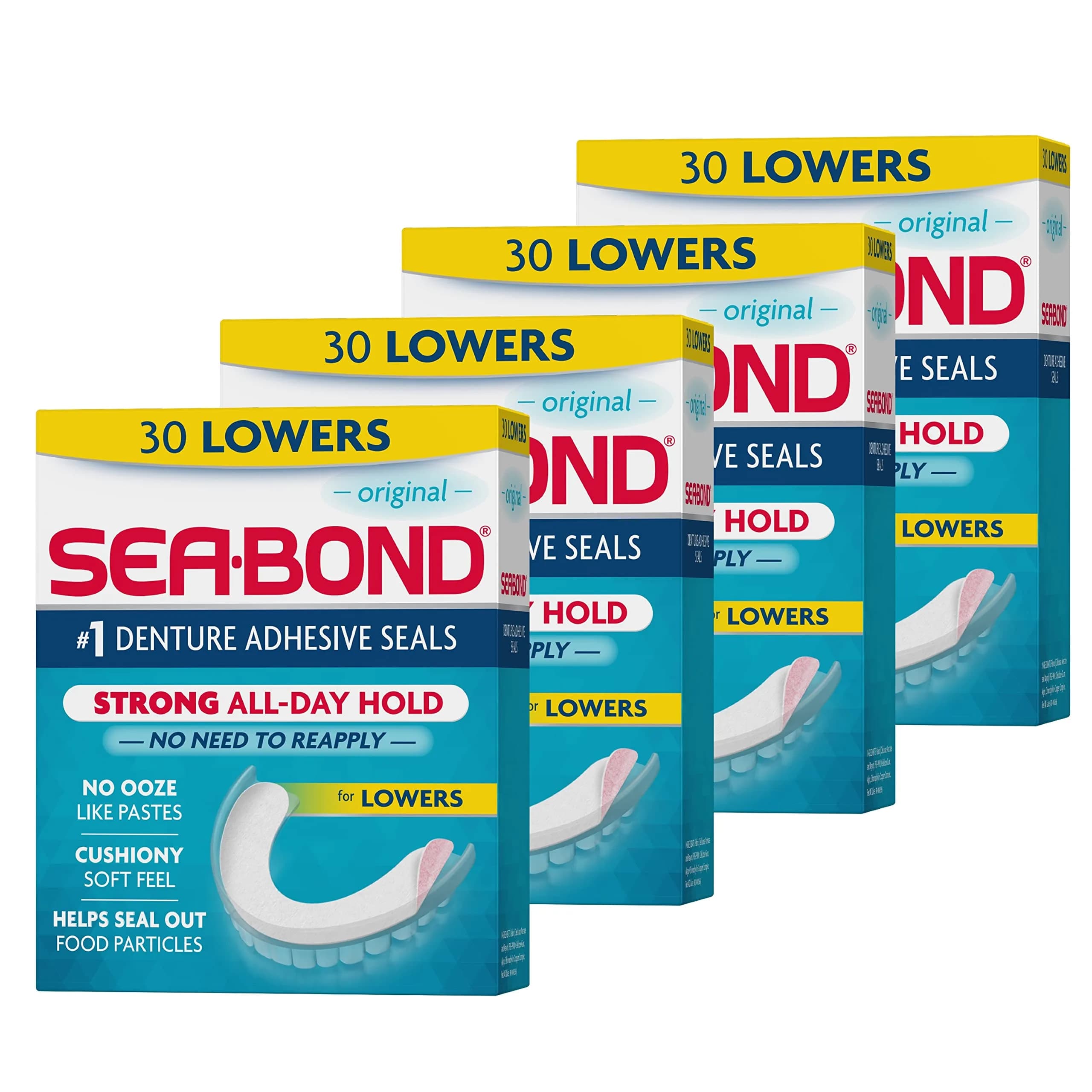 Sea-Bond Secure Denture Adhesive Seals for Lowers, Original Flavor, 30 Count (Pack of 4) | Mess-Free All-Day Hold - main product image