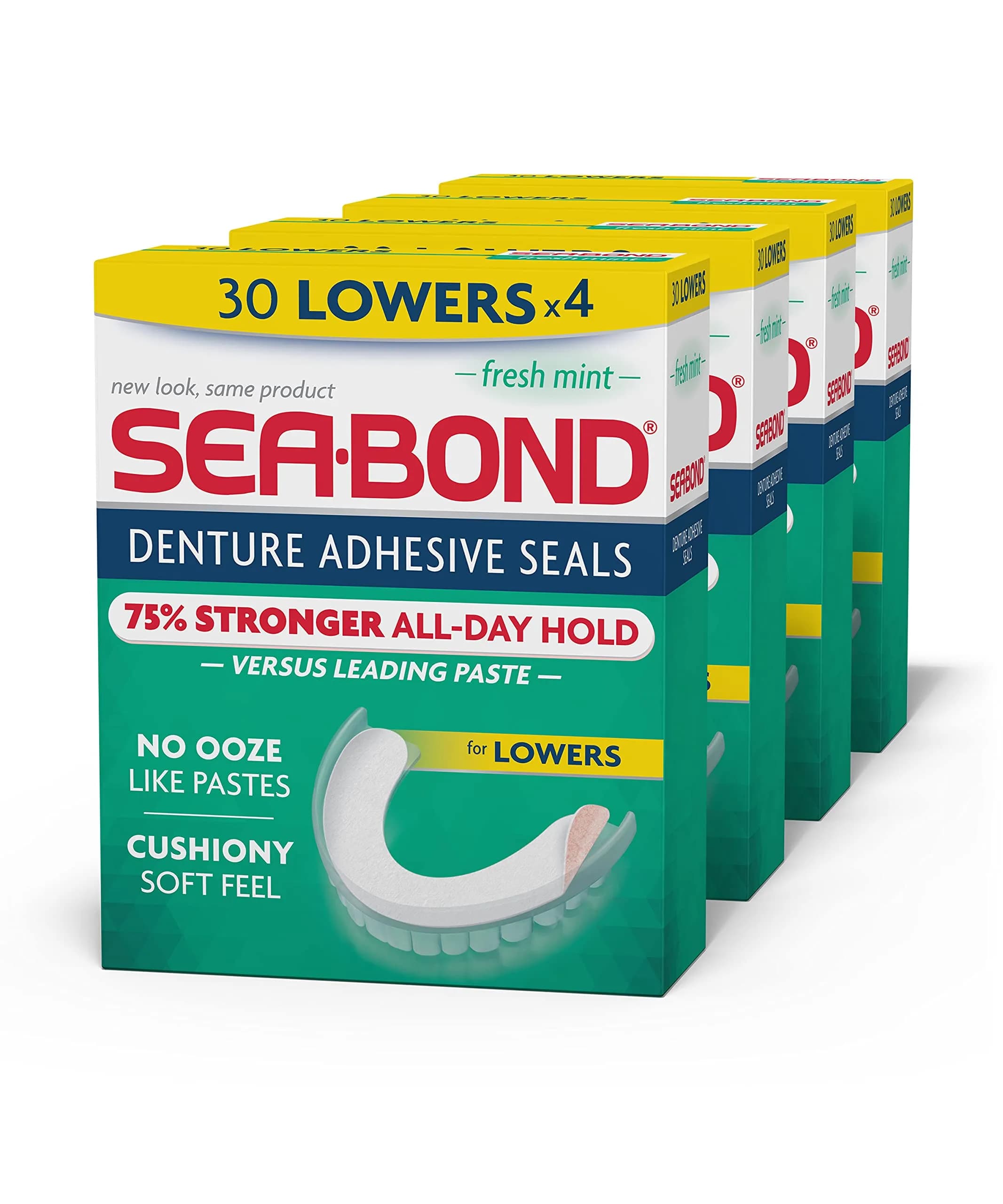 SEA BOND Fresh Mint Denture Adhesive Seals, Lowers 120 Count (4 Pack) | Zinc-Free, All-Day Hold - main product image