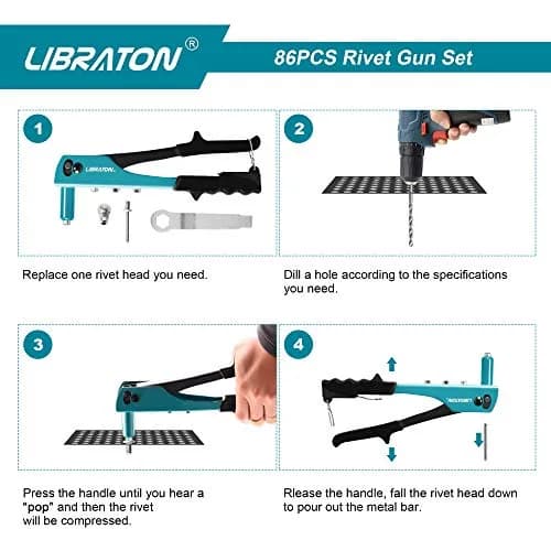 LIBRATON Heavy Duty Rivet Gun Kit with 80 Rivets & 4 Drill Bits | All-Steel Construction thumbnail 2
