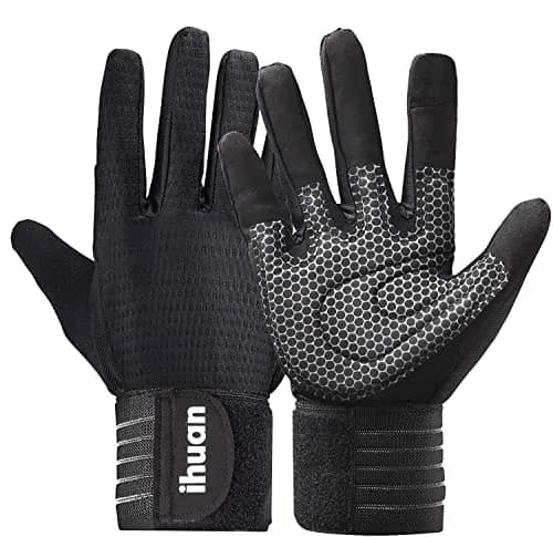ihuan Full Finger Workout Gloves for Men with Wrist Support, Weight Lifting Gym Gloves for Deadlift (Small, Black) thumbnail 1
