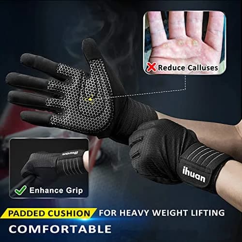 ihuan Full Finger Workout Gloves for Men with Wrist Support, Weight Lifting Gym Gloves for Deadlift (Small, Black) thumbnail 2