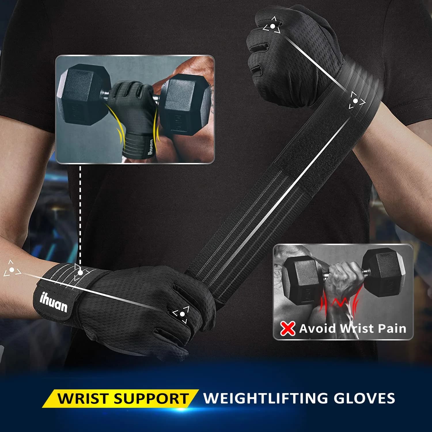 ihuan Full Finger Workout Gloves for Men with Wrist Support, Weight Lifting Gym Gloves for Deadlift (Small, Black) thumbnail 3