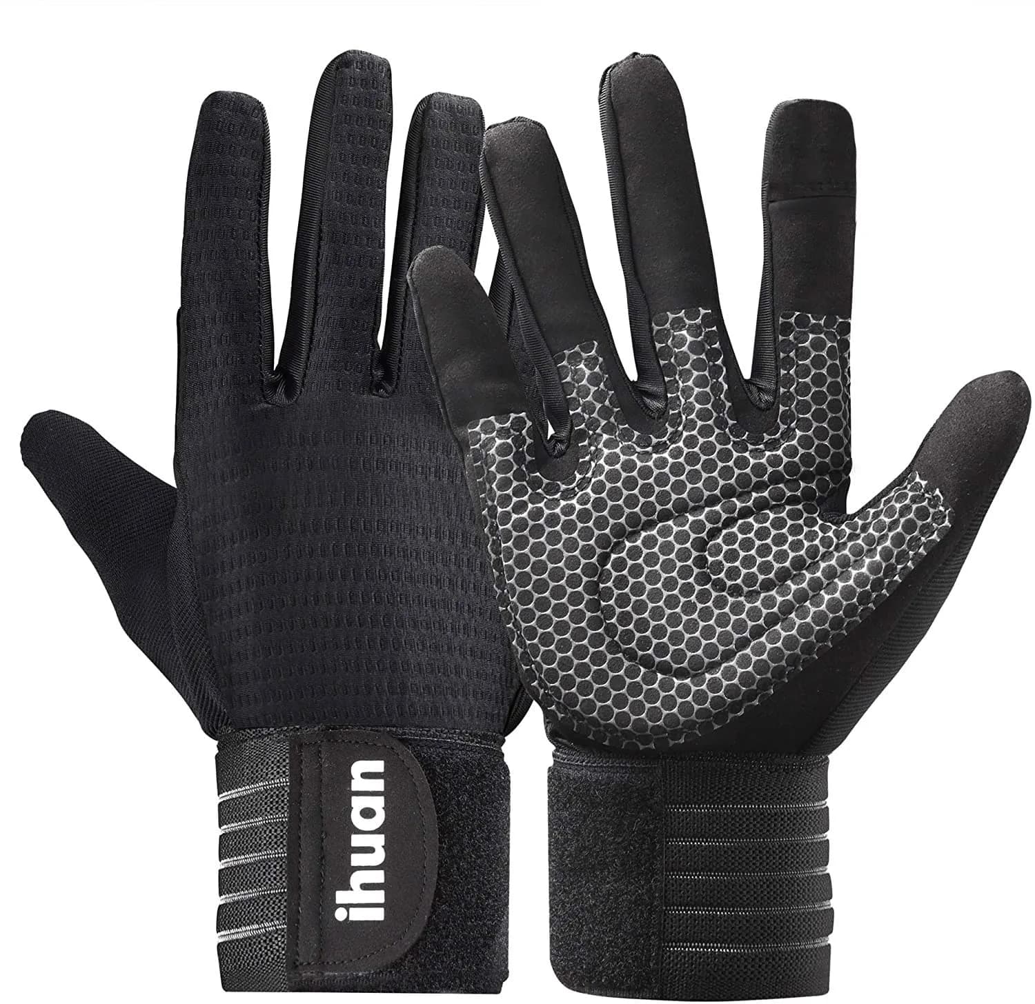 ihuan Full Finger Workout Gloves for Men, Weight Lifting Gym Gloves with Wrist Support & Touchscreen Fingers (Large, Black) - main product image