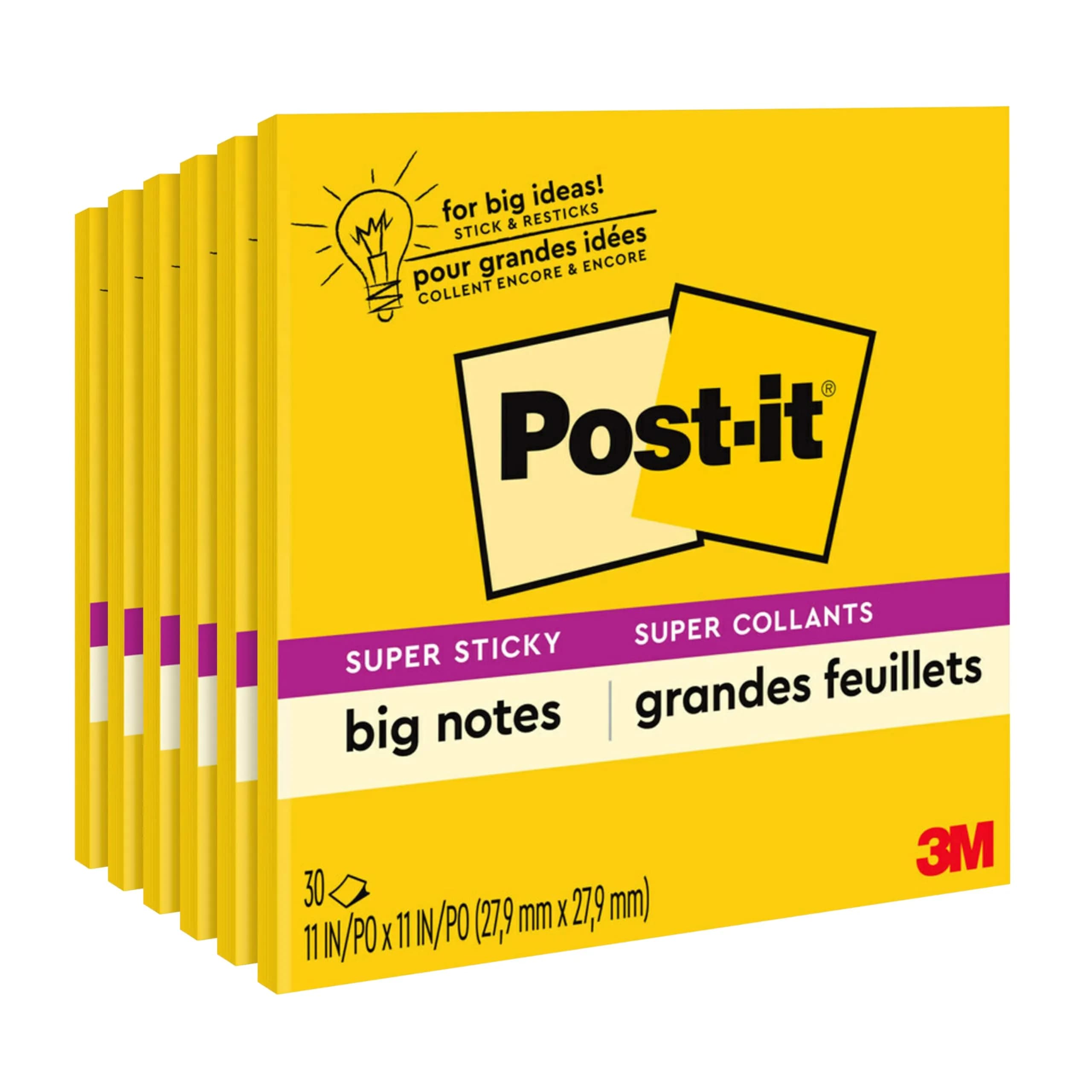 Post-it Super Sticky Big Notes, 11 x 11 Inch, Pack of 6 Pads | Bright Yellow, 30 Sheets/Pad — Pack of 6