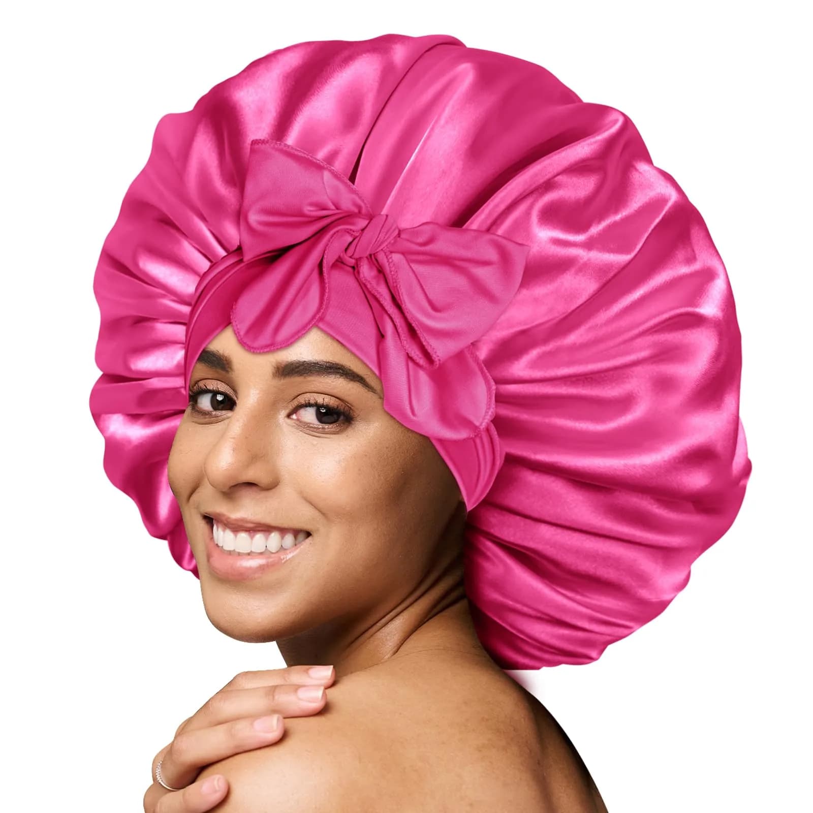 BONNET QUEEN XL Large Silk Bonnet for Sleeping for Women Big Satin Bonnet Night Cap for Curly Hair with Tie Band, Large, Hot Pink | Extra Large, Protective Sleep Cap