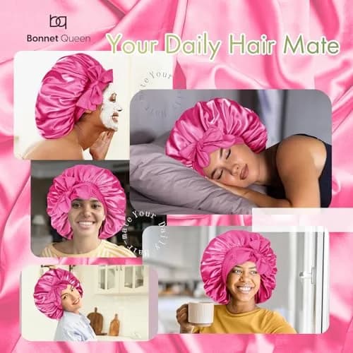 BONNET QUEEN XL Large Silk Bonnet for Sleeping for Women Big Satin Bonnet Night Cap for Curly Hair with Tie Band, Large, Hot Pink | Extra Large, Protective Sleep Cap thumbnail 2