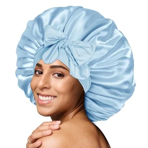 BONNET QUEEN XL Large Silk Bonnet for Sleeping for Women Big Satin Bonnet Night Cap for Curly Hair with Tie Band, Large, Light Blue | Extra Large, Protective Sleep Cap thumbnail 1