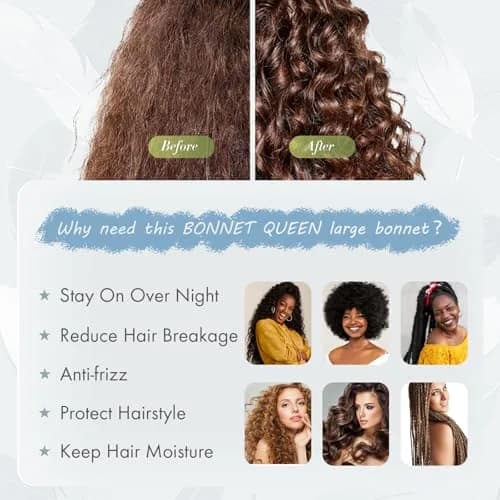 BONNET QUEEN XL Large Silk Bonnet for Sleeping for Women Big Satin Bonnet Night Cap for Curly Hair with Tie Band, Large, Light Blue | Extra Large, Protective Sleep Cap thumbnail 5