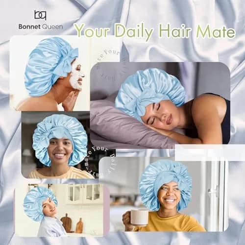 BONNET QUEEN XL Large Silk Bonnet for Sleeping for Women Big Satin Bonnet Night Cap for Curly Hair with Tie Band, Large, Light Blue | Extra Large, Protective Sleep Cap thumbnail 2