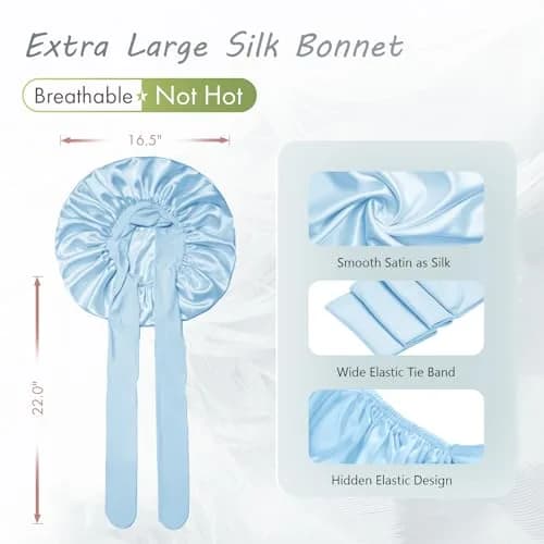 BONNET QUEEN XL Large Silk Bonnet for Sleeping for Women Big Satin Bonnet Night Cap for Curly Hair with Tie Band, Large, Light Blue | Extra Large, Protective Sleep Cap thumbnail 3