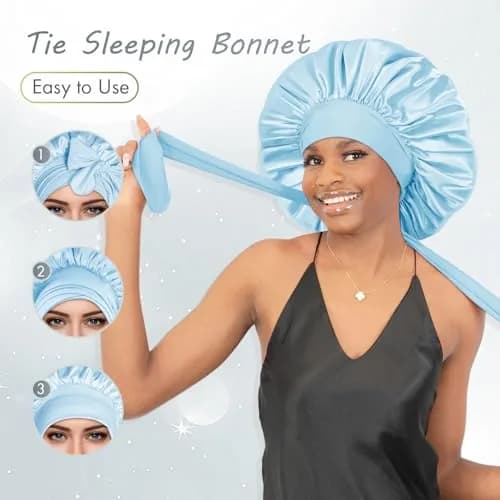 BONNET QUEEN XL Large Silk Bonnet for Sleeping for Women Big Satin Bonnet Night Cap for Curly Hair with Tie Band, Large, Light Blue | Extra Large, Protective Sleep Cap thumbnail 4
