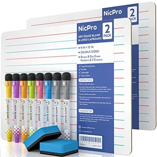 Nicpro 9 x 12 inch Dry Erase Lap Board 2 Pack (22.86 x 30.48 cm) | Ruled & Blank Double-Sided Whiteboard Set with Markers & Erasers thumbnail 1