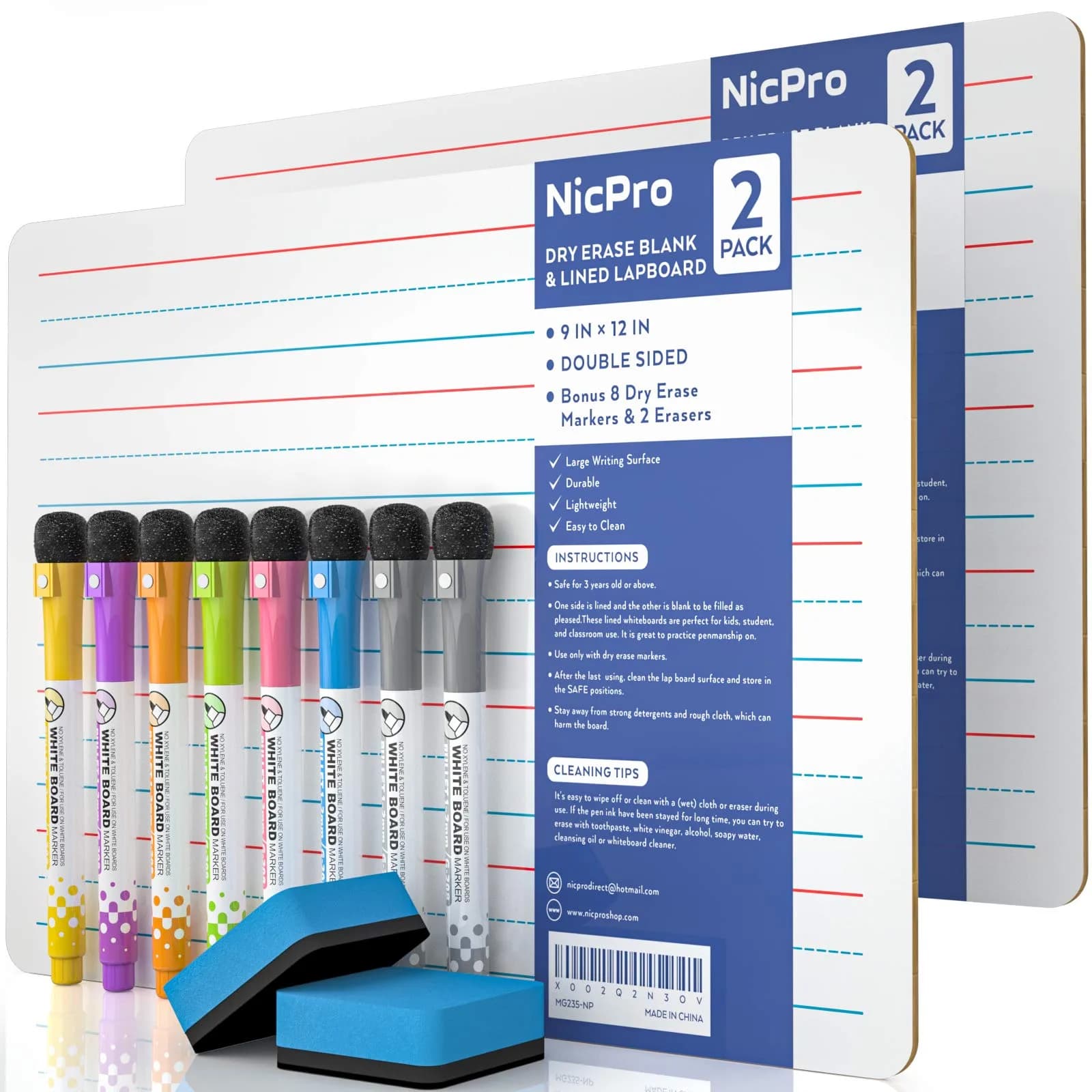 Nicpro 9 x 12 inch Dry Erase Lap Board 2 Pack (22.86 x 30.48 cm) | Ruled & Blank Double-Sided Whiteboard Set with Markers & Erasers — Lined