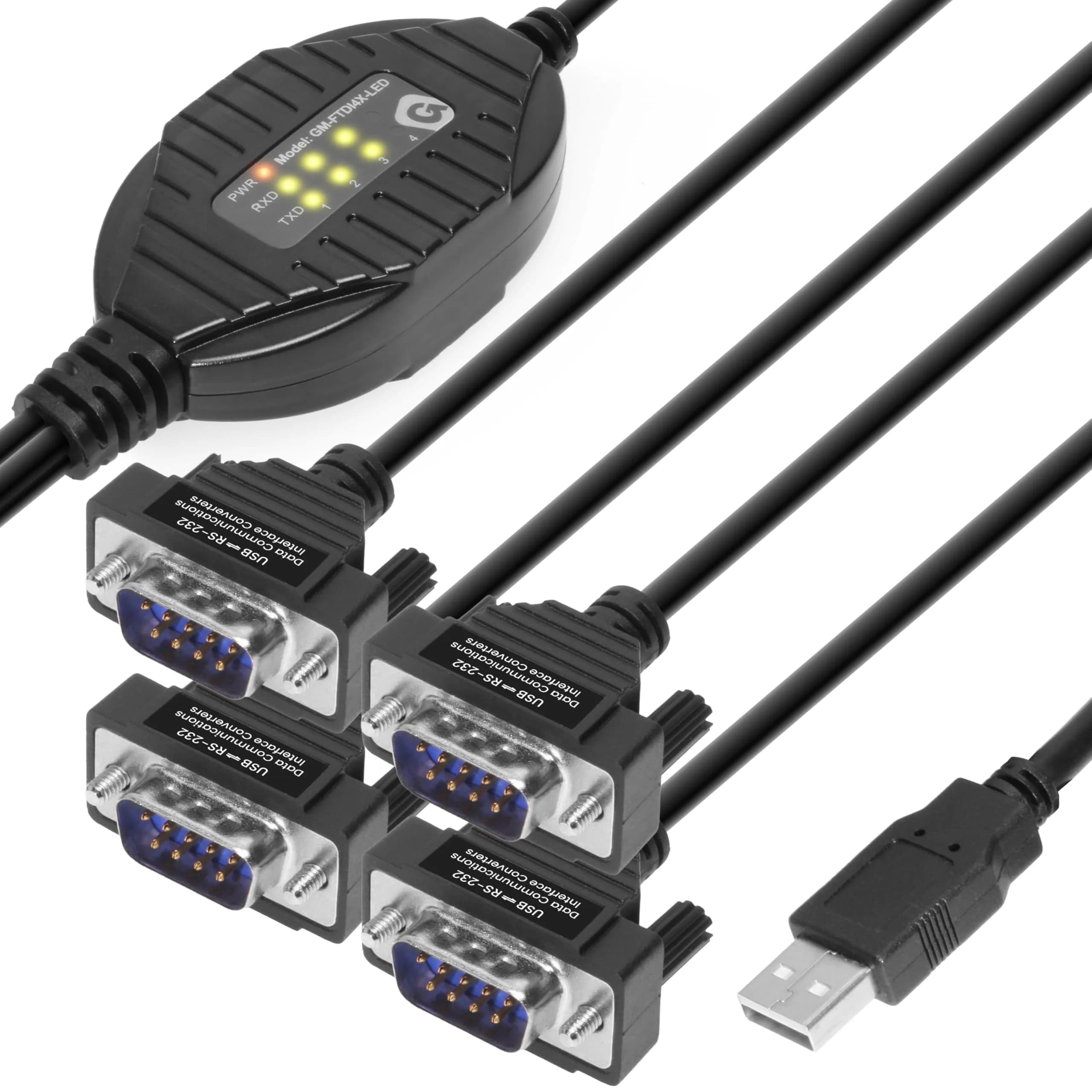 Gearmo 4 Port RS-232 to USB Adapter 1.5m (5ft) | FTDI Chipset, ESD Protection, 4x DB9 Connectors — Type A