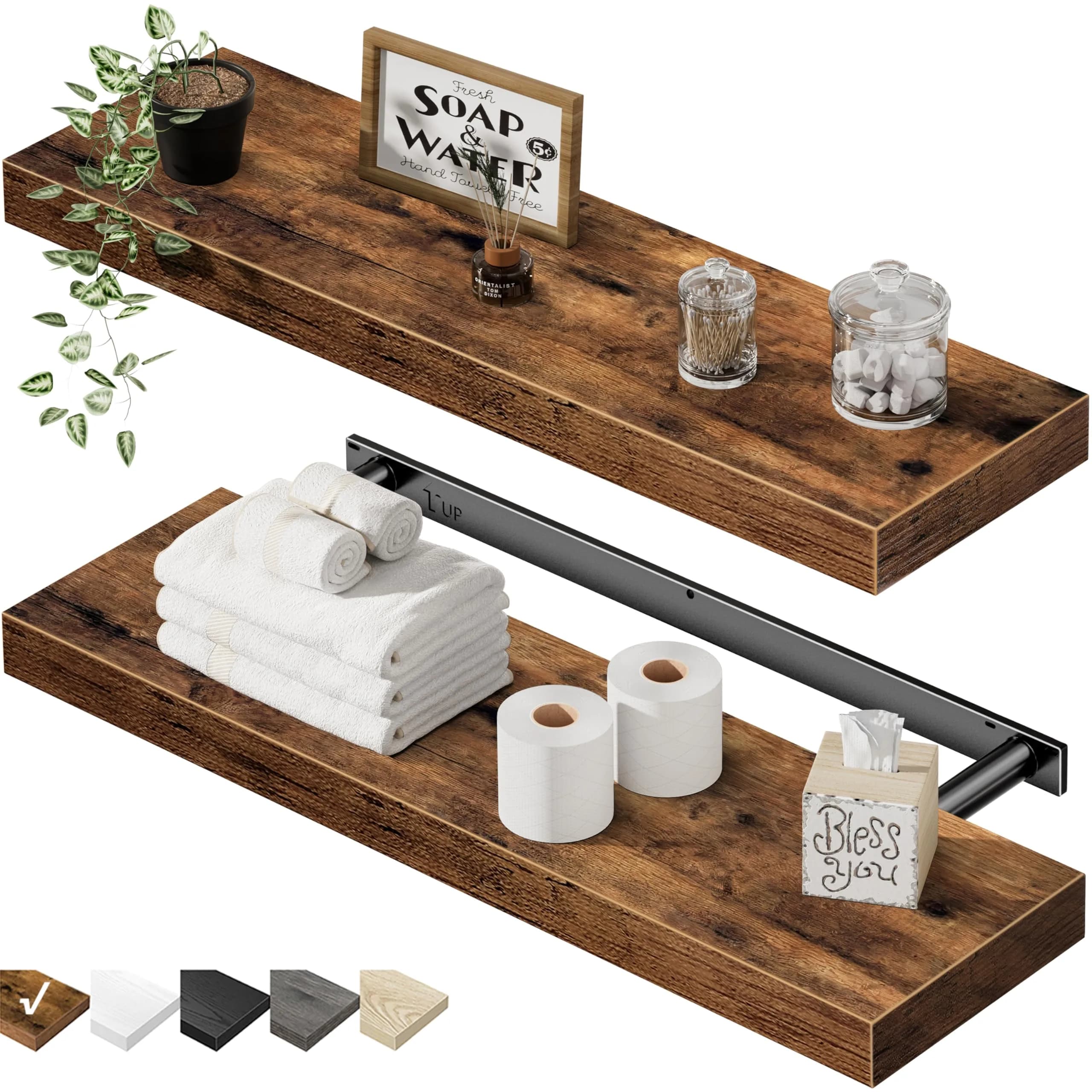 QEEIG Floating Shelves for Wall 60cm (23.6") Rustic Brown Set of 2 | Invisible Bracket Farmhouse Decor - main product image