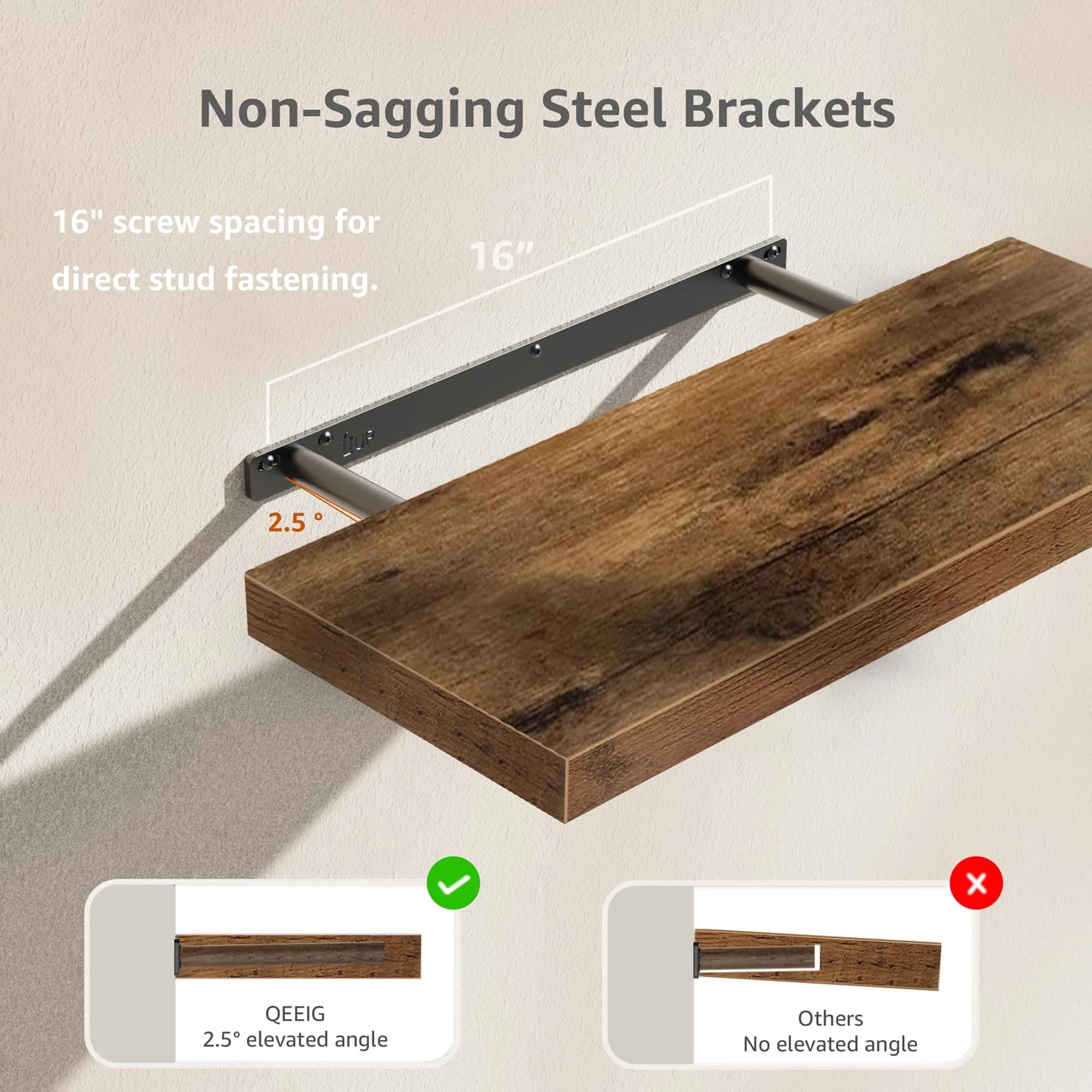 QEEIG Floating Shelves for Wall 60cm (23.6") Rustic Brown Set of 2 | Invisible Bracket Farmhouse Decor - view 5