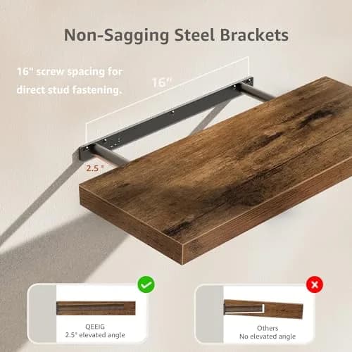 QEEIG Floating Shelves for Wall 60cm (23.6") Rustic Brown Set of 2 | Invisible Bracket Farmhouse Decor thumbnail 5