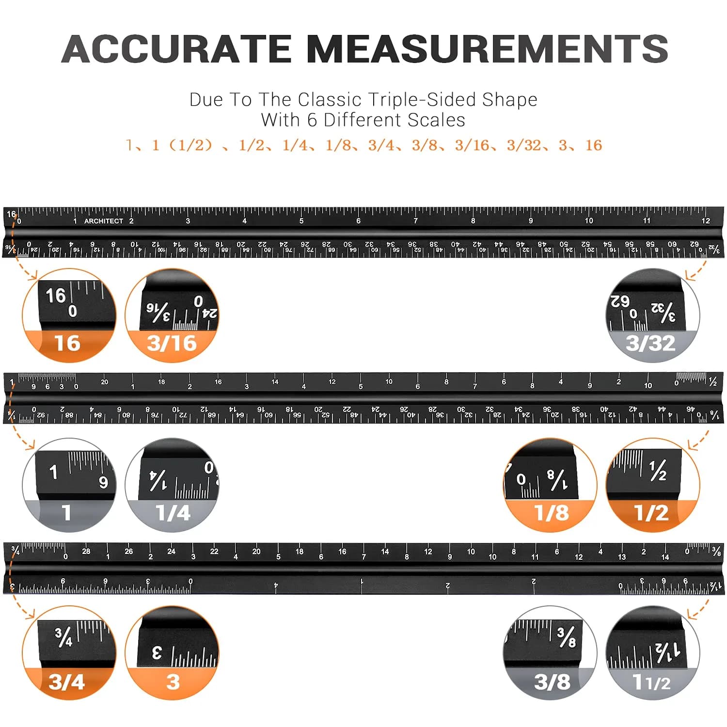 Hutou 12" Architectural Scale Ruler Aluminum Black | Precision Drafting Tool - view 3