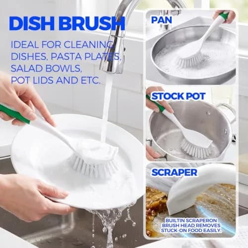 Holikme 6 Pack Dish Brush Set with Handle for Cleaning, Green | Heavy Duty Kitchen & Household Scrubbing Tool thumbnail 3