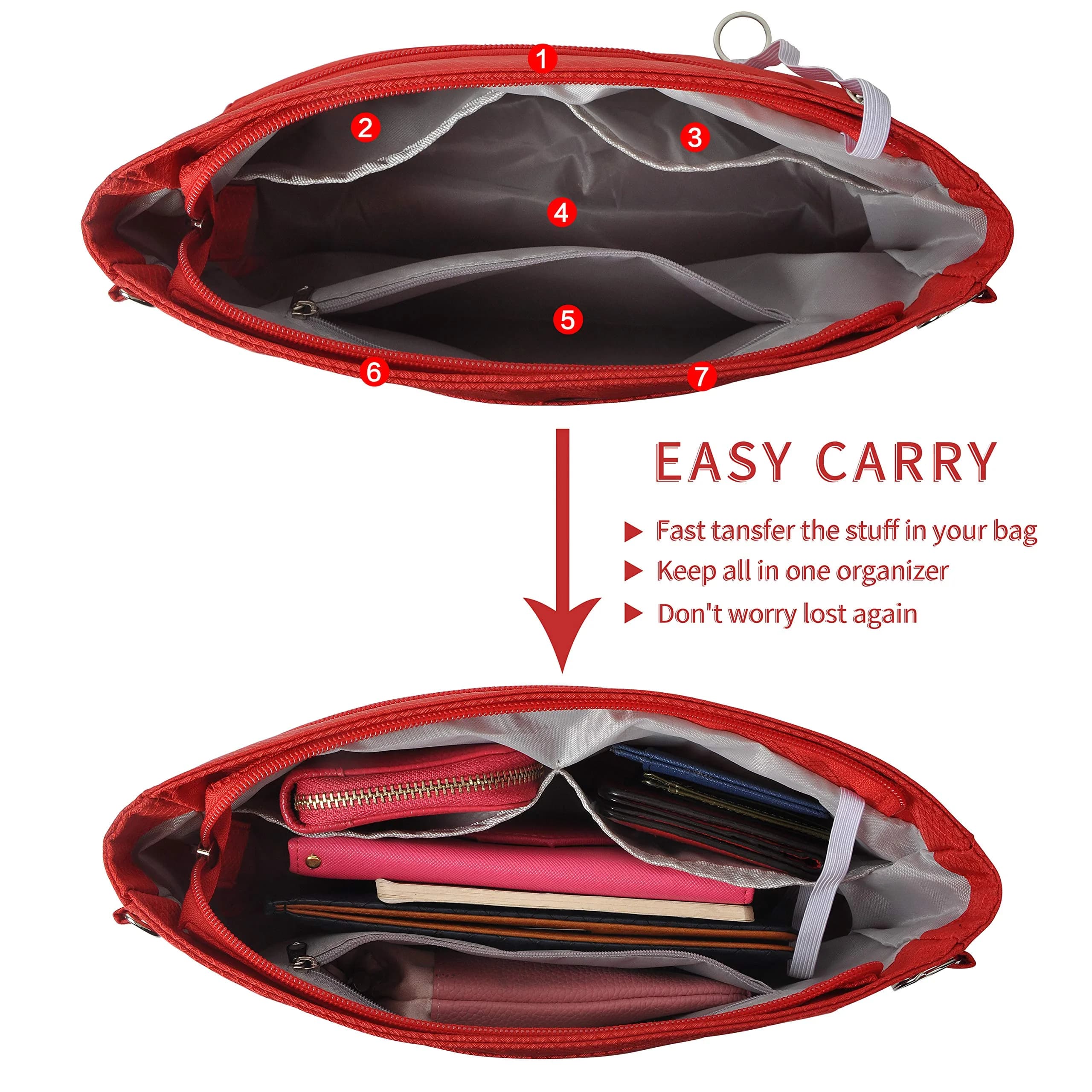 Vercord Expandable Red X-Large Nylon Handbag Purse Organizer with Zippered Compartments - view 3