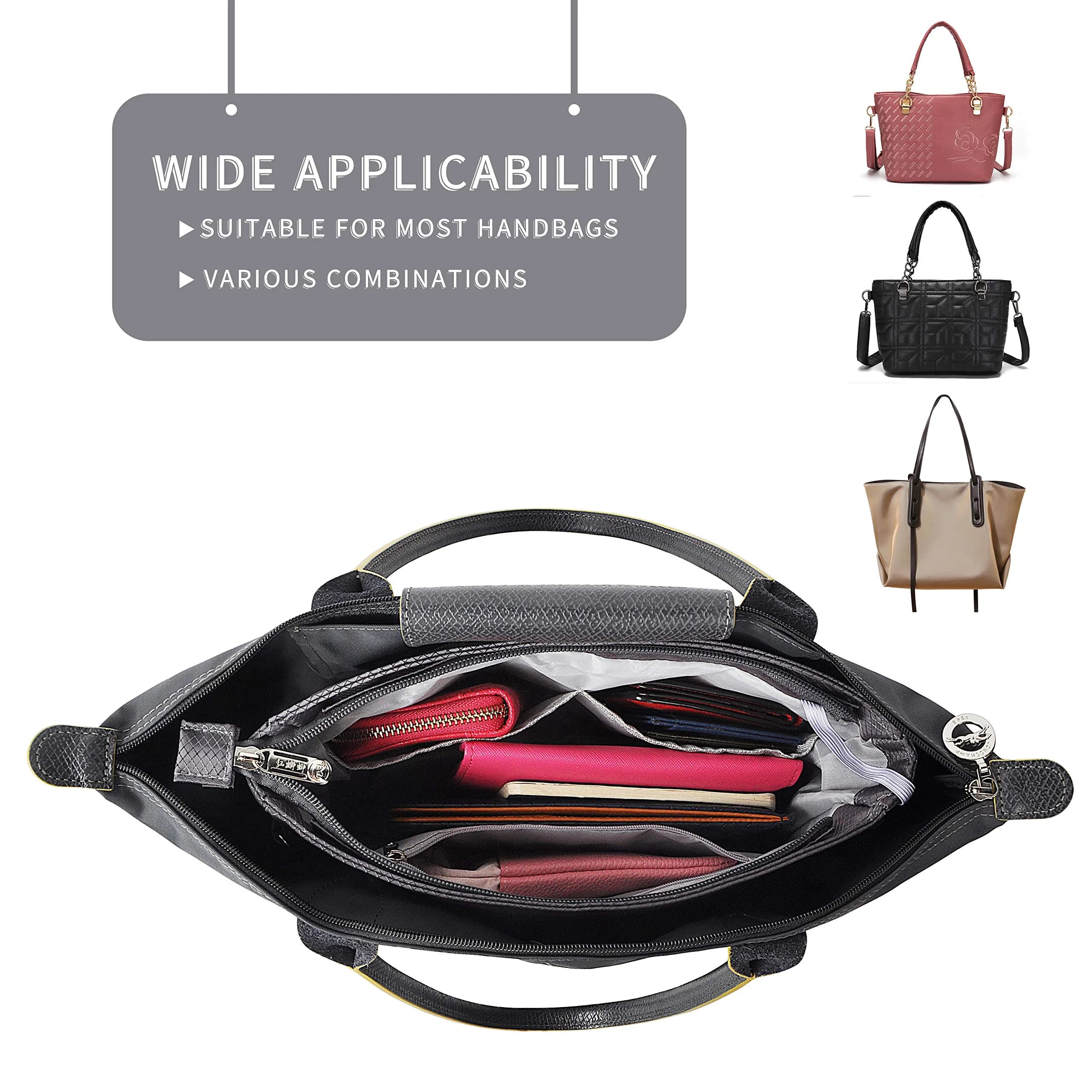 Vercord Expandable Nylon Handbag Purse Organizer Insert Liner Shaper Bag in Bag Dark Grey Medium | Waterproof & Durable Organizer for Totes - view 7