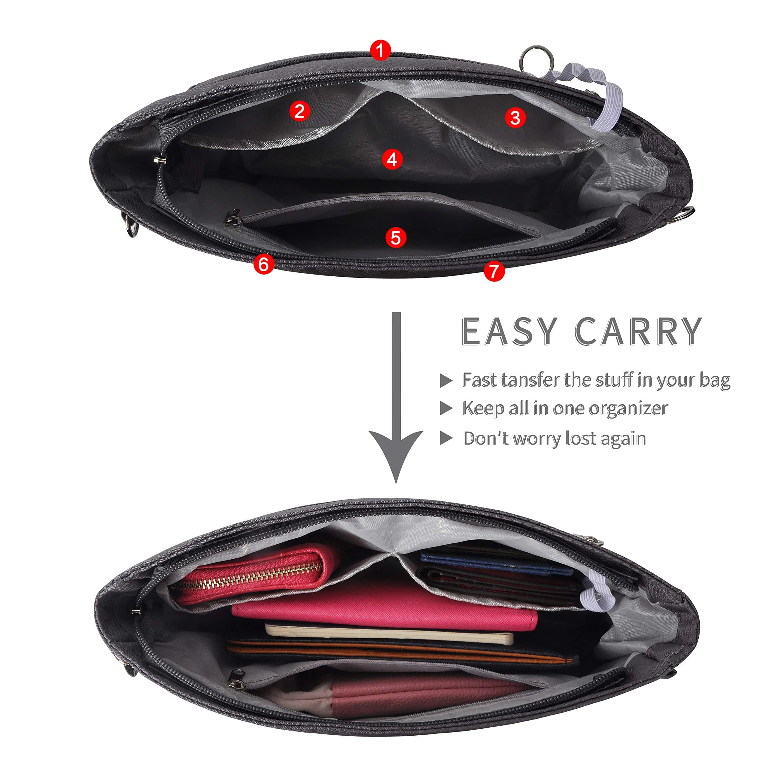 Vercord Expandable Nylon Handbag Purse Organizer Insert Liner Shaper Bag in Bag - Dark Grey, Medium - view 3