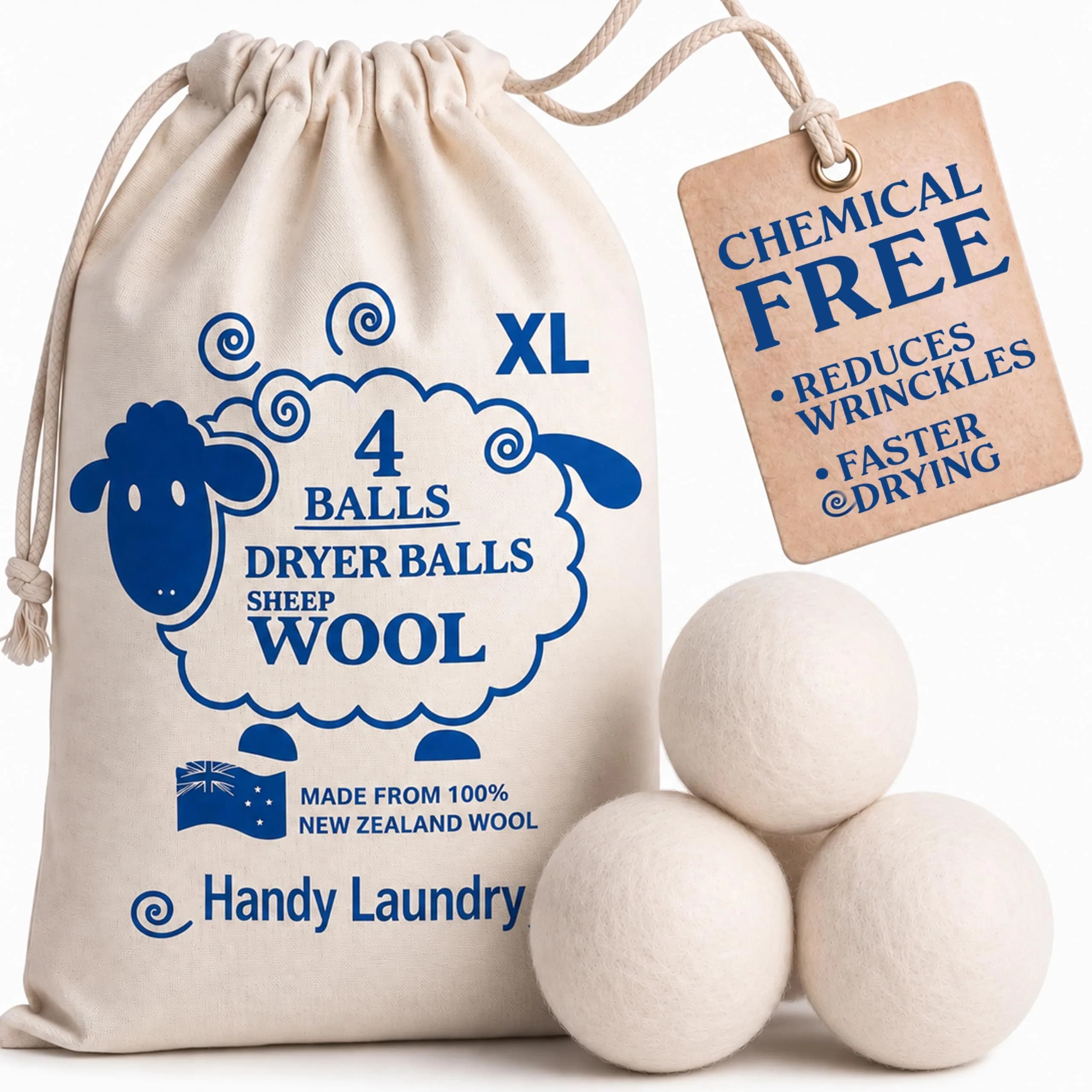 Handy Laundry Wool Dryer Balls 4-Pack, Reusable Natural Fabric Softener | 7.6 cm (3") Diameter - main product image