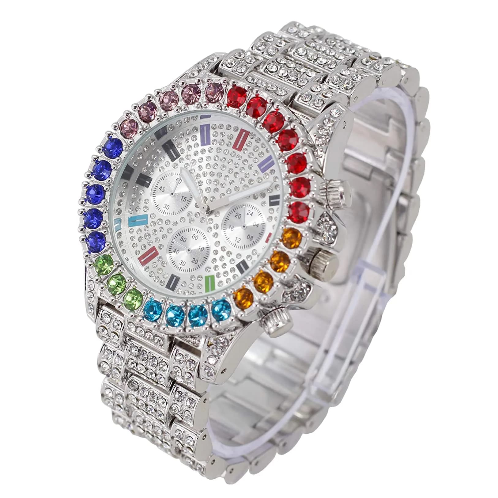 Charles Raymond Hip Hop ST10327CO Silver Rainbow Iced Out Watch with Multi-Color Dial & Silver Tone Finish | 42mm Case - view 4