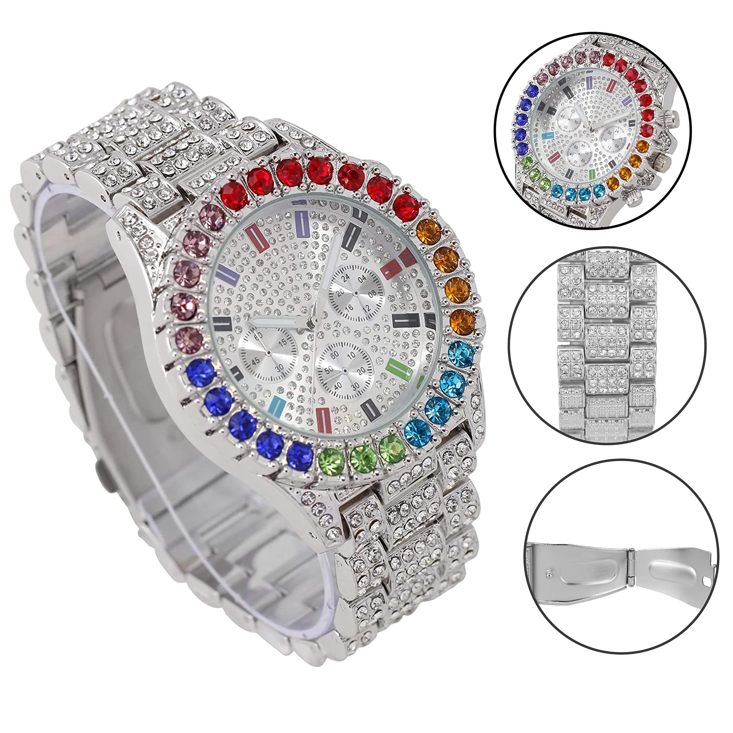 Charles Raymond Hip Hop ST10327CO Silver Rainbow Iced Out Watch with Multi-Color Dial & Silver Tone Finish | 42mm Case - view 3