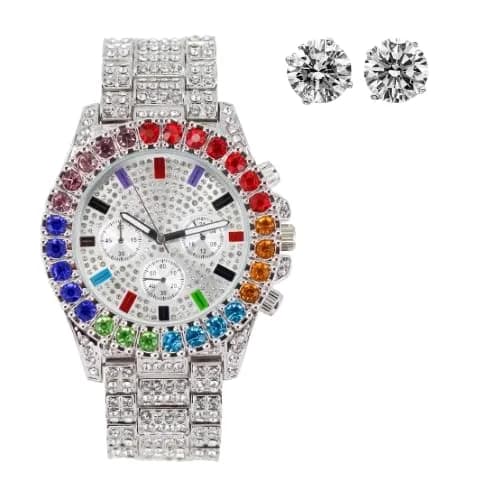 Charles Raymond Hip Hop Iced Out Watch with Royal Blue Dial & Silver Tone Finish | 42mm Case — ST10327CO Silver Rainbow