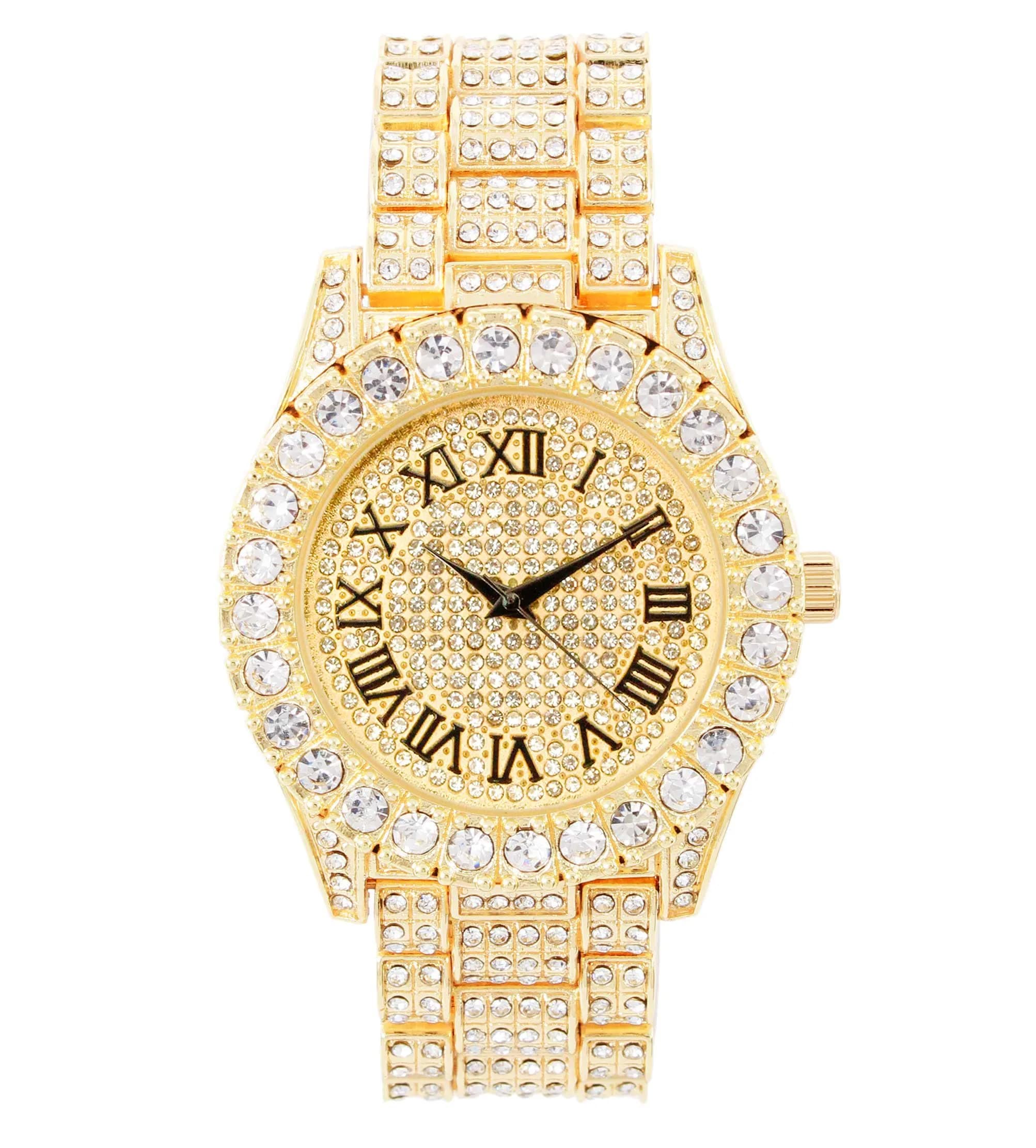 Charles Raymond Hip Hop Iced Out Watch - Gold Black R# with Roman Numerals & Silver Tone Finish | 42mm Case - main product image