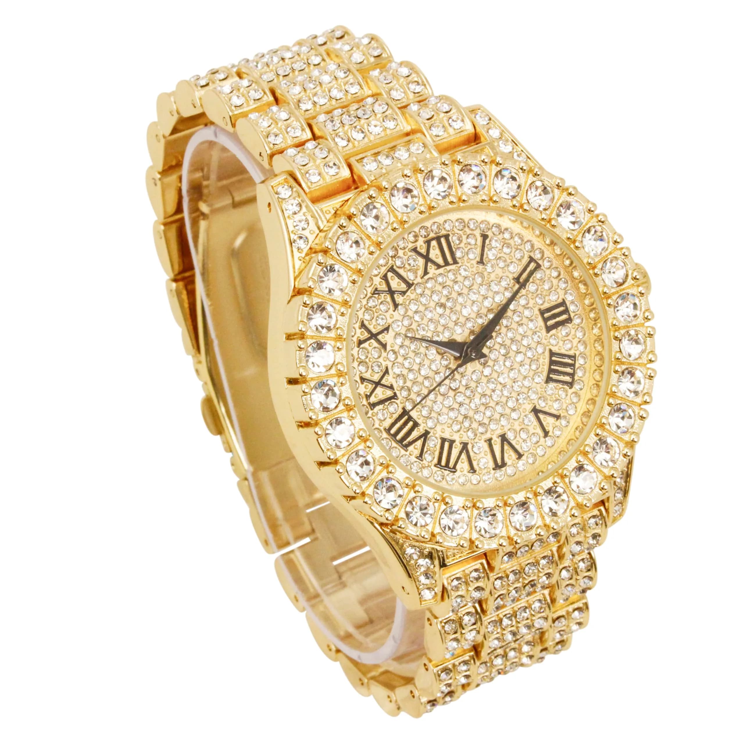 Charles Raymond Hip Hop Iced Out Watch - Gold Black R# with Roman Numerals & Silver Tone Finish | 42mm Case - view 3