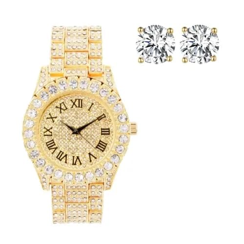 Charles Raymond Hip Hop Iced Out Watch with Royal Blue Dial & Silver Tone Finish | 42mm Case — Gold Black R#