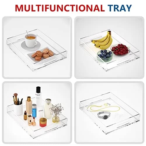 KOTEMON Acrylic Serving Tray with Handles 16x12x2.4Inch | Clear Acrylic Organizer for Ottoman & Coffee Table thumbnail 3