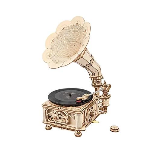 ROKR 3D Wooden Puzzles Gramophone for Adults - DIY Mechanical Model Kit 8.9" x 10.3" x 16.9" | Vintage Record Player Decor thumbnail 1