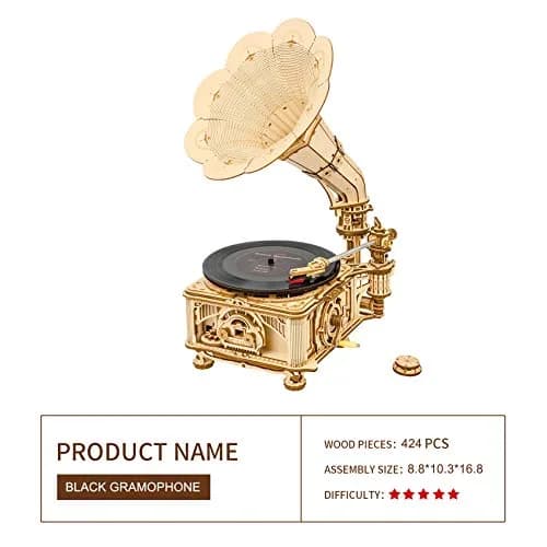 ROKR 3D Wooden Puzzles Gramophone for Adults - DIY Mechanical Model Kit 8.9" x 10.3" x 16.9" | Vintage Record Player Decor thumbnail 5