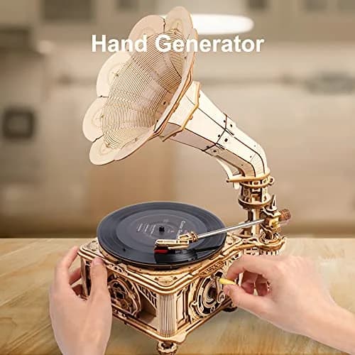 ROKR 3D Wooden Puzzles Gramophone for Adults - DIY Mechanical Model Kit 8.9" x 10.3" x 16.9" | Vintage Record Player Decor thumbnail 2
