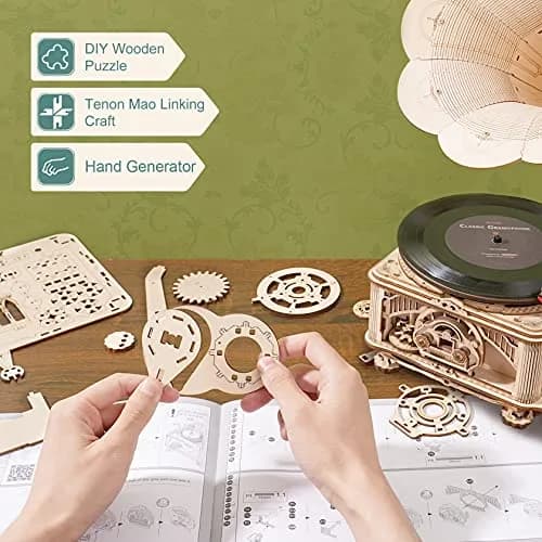 ROKR 3D Wooden Puzzles Gramophone for Adults - DIY Mechanical Model Kit 8.9" x 10.3" x 16.9" | Vintage Record Player Decor thumbnail 3