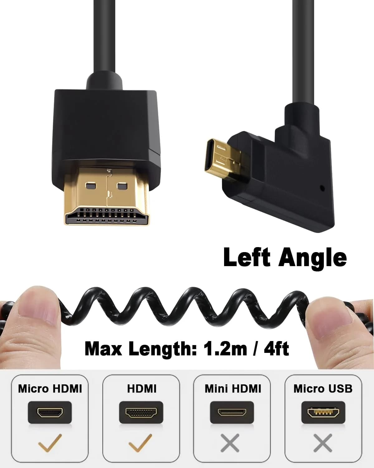 Duttek 4K Micro HDMI to HDMI Coiled Cable 1.2m (4ft) | Left Angled 90 Degree, 18Gbps - view 5